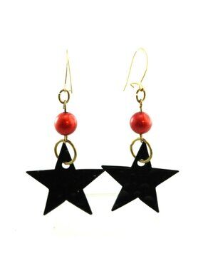 Vintage Black Star Dangle Earrings With Red Beads And Gold Tone Hooks
